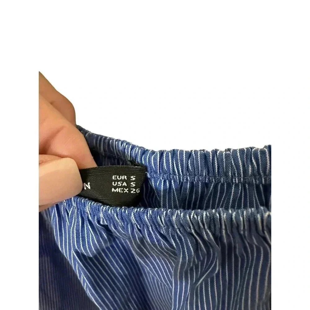 Zara Woman Blue White Pinstriped Ruched Puff‎ Sleeve Off Shoulder Top Size S